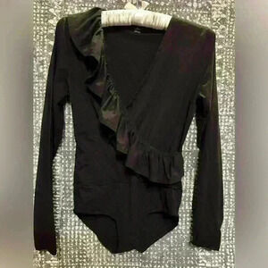 J Crew Black long sleeve body suit with ruffle V-neckline, XS